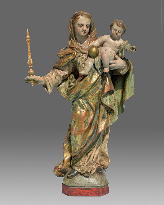 alte antike skulptur gottesmutter mit dem kind um 1730
